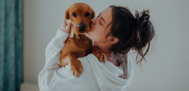 Lady kissing her brown dachshund puppy