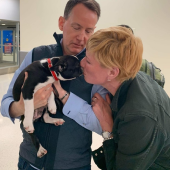 Woman kissing her new puppy at receival at the airport