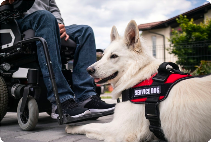 White service dog sitting in front of man in a wheelchair