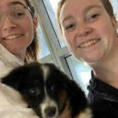 Mawoo customers smiling while holding their new Australian Shepherd puppy